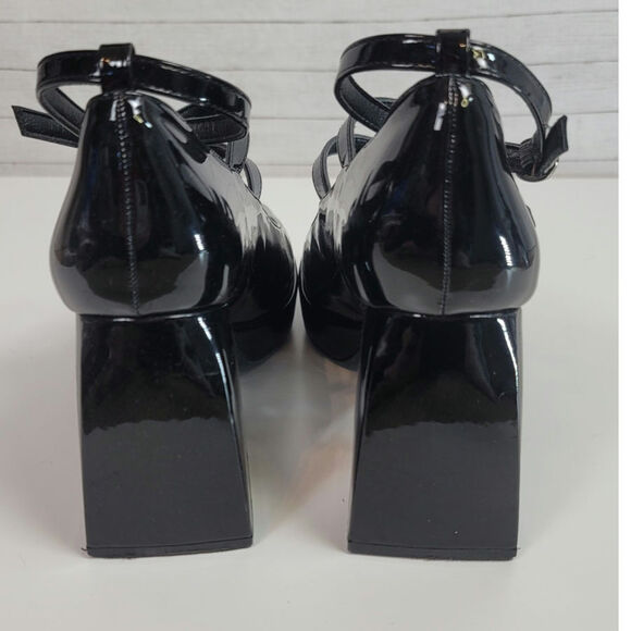 CIDER CHUNKY HEELED TRIPLE STRAP MARY JANES IN PATENT BLACK FAUX LEATHER, SZ 9 - Picture 6 of 16